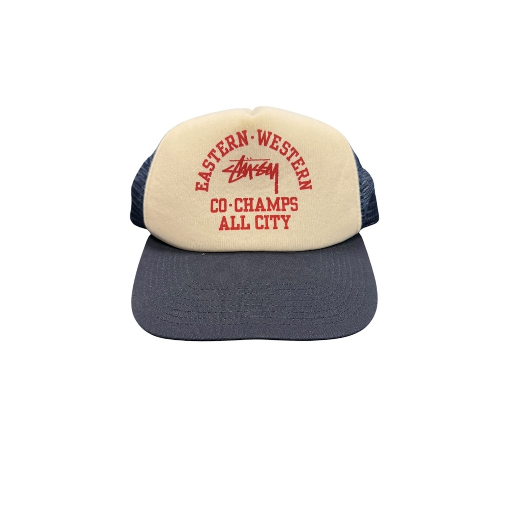 Stussy Trucker Hat Mens OS Navy Blue Cream Excellent Co-Champs All City Mesh Cap